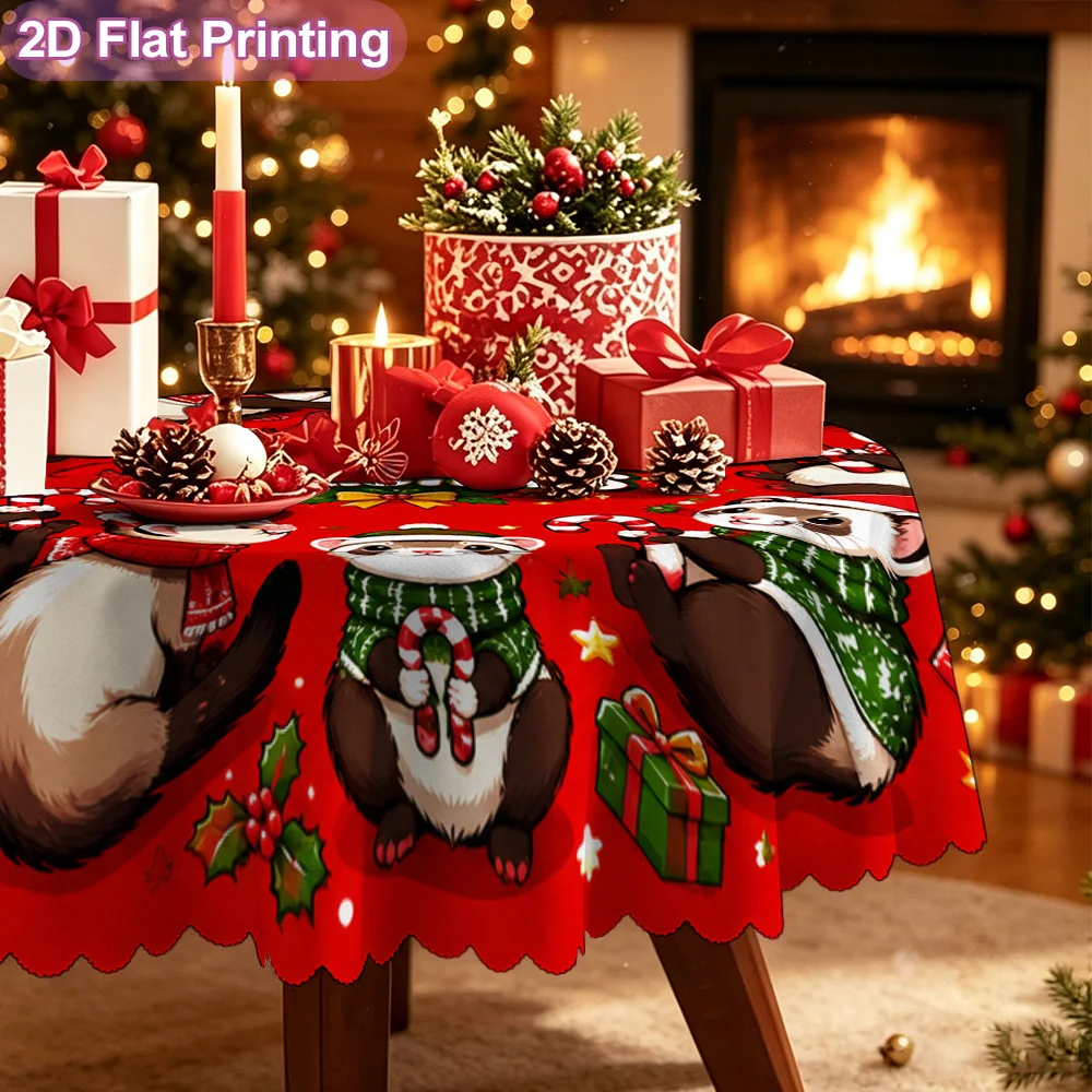 2D flat single-piece tablecloth, Christmas rabbit cat wreath art pattern, retro bohemian round tablecloth