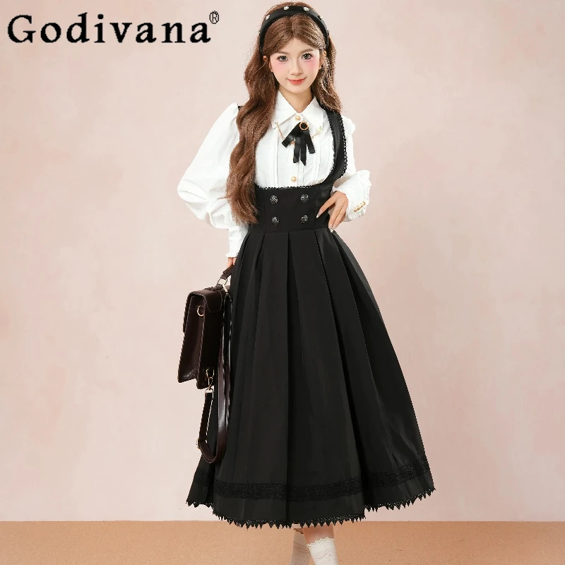 

College Style Lolita Dress Set Women Gothic Style White Shirt Black Strap Dress Suit Autumn Japanese Ladies Lolita Outfits