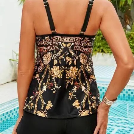 Woman Tankini Tummy Control Sleeveless V Neckline Tankini Top Plus Size Flat Front Shorts Tankini Set Modest Black Base Two