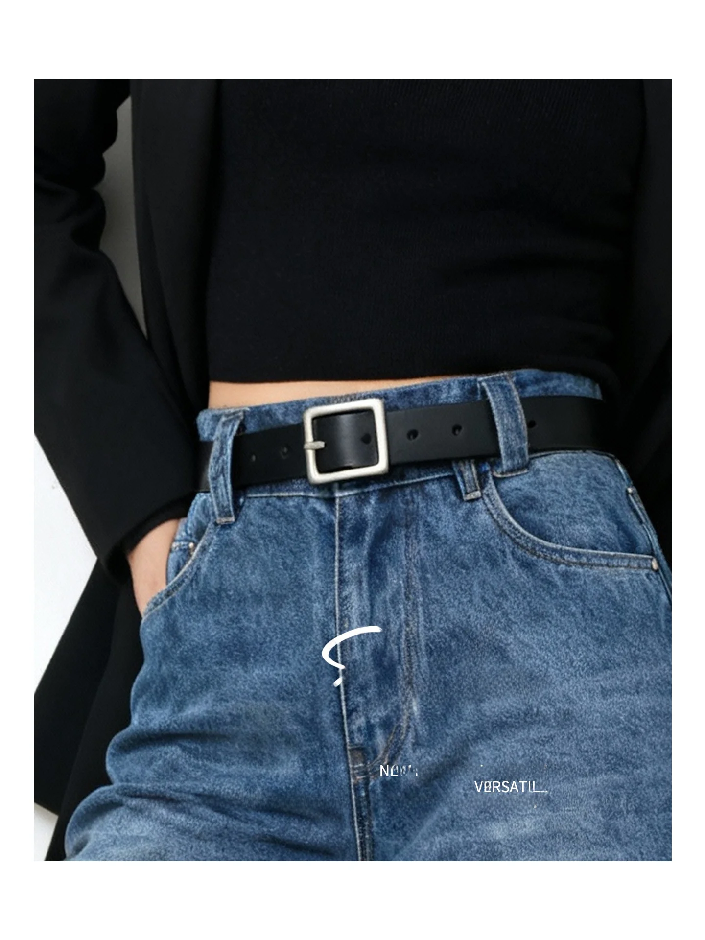 レディース-本革ベルト-ブラック-ワイドエッジ-シンプル-多用途-装飾用-スカート-ジーンズ-カジュアルスタイル-韓国版