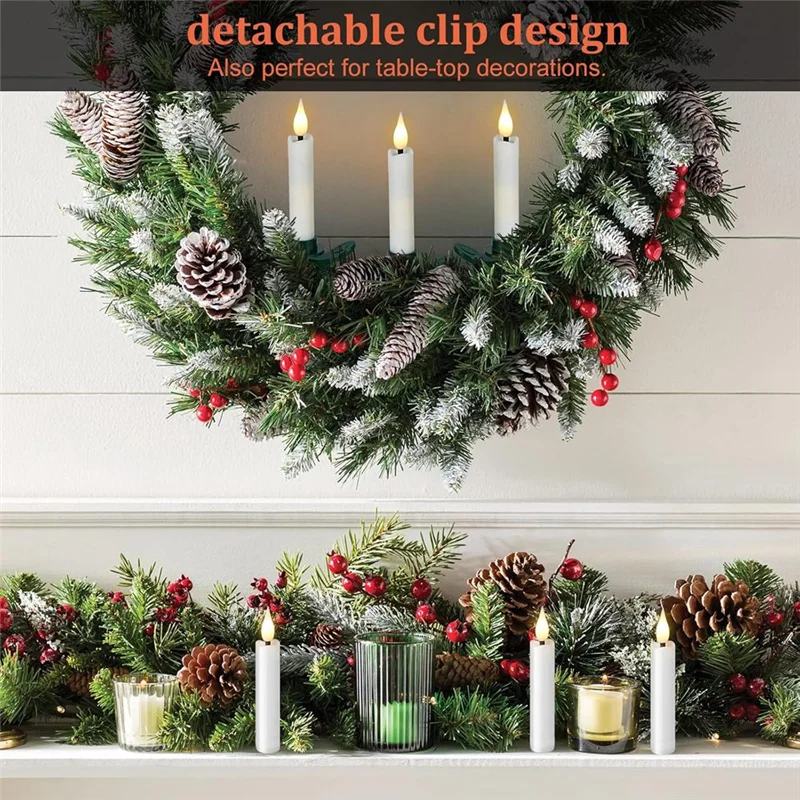 ABGR-LED Taper Candles Light Set 12 Pieces Flameless 3D Wick Candles With Clip-On Christmas Tree Design Warm White Light