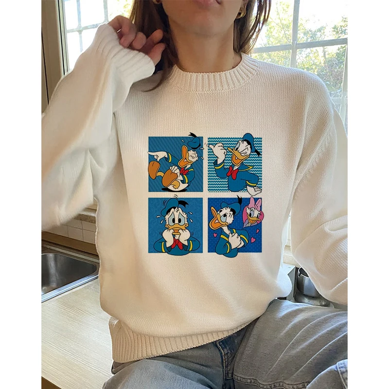 Mickey Minnie Women's Top Casual Crew Neck Fall/Winter Knitwear Disney Print Cartoon Women's Clothing Y2k Sweater White