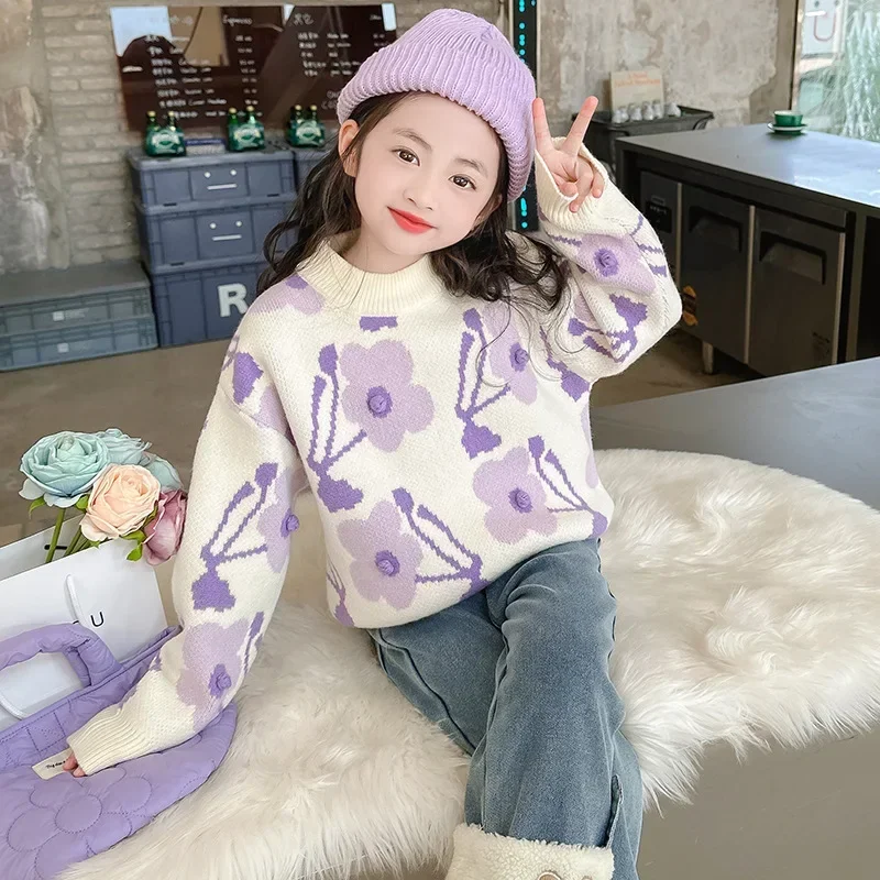 Korean Autumn Winter Junior Girl Sweater Pullover Teenager Girl Flower Knitted Tops Children Girl Warm Knitwears Undershirt