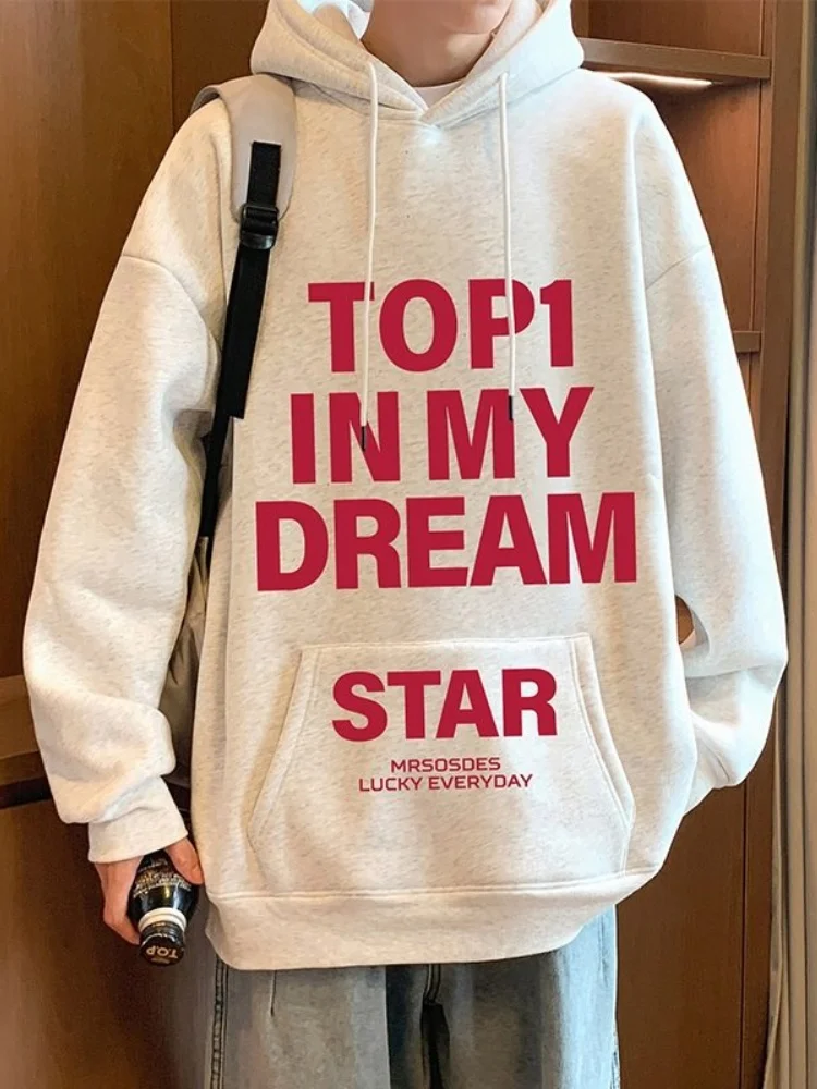 

Корейская толстовка с капюшоном и буквенным принтом, молодежная повседневная одежда, удобная куртка из смесового хлопка с длинными рукавами, осенне-зимняя куртка