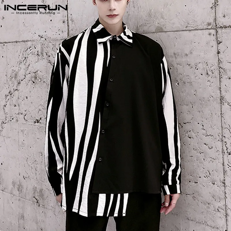2026 Men Striped Patchwork Shirts Brand Streetwear Lapel Tops Fashion Irregular Shirts Long Sleeve Casual Camisas S-5XL INCERUN