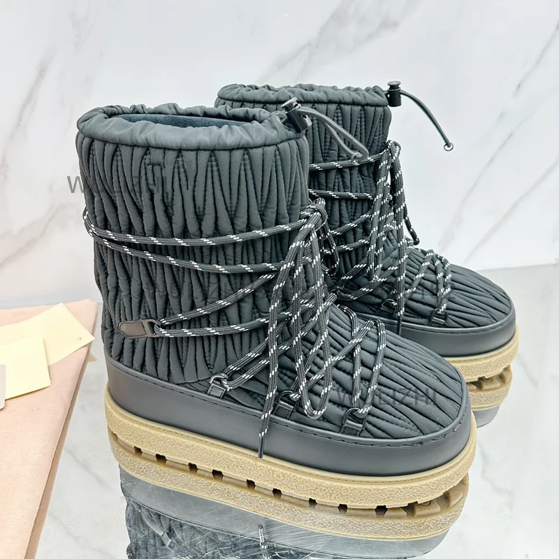 White Wrinkled Leather Fine Grain Boots Calf Women Platform Thick Sole Gray Lace Up Snow Boots Girls Winter Round Toe Plush Shoe