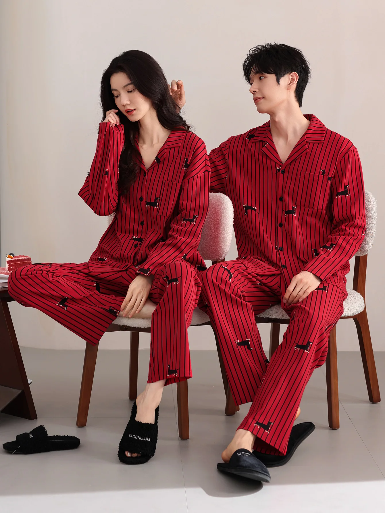 Set di indumenti da notte per coppia, pantaloni a maniche lunghe in cotone 100% da uomo o da donna, vestiti per la casa in puro cotone rosso da sposa, autunno e inverno