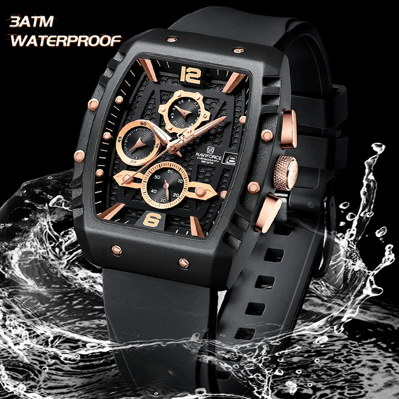 Top Luxury NAVIFORCE Men\'s Wristwatches Water Resistant Fumed Silica Strap Quartz Man Chronograph with Barrel-Shaped Dial NF8025