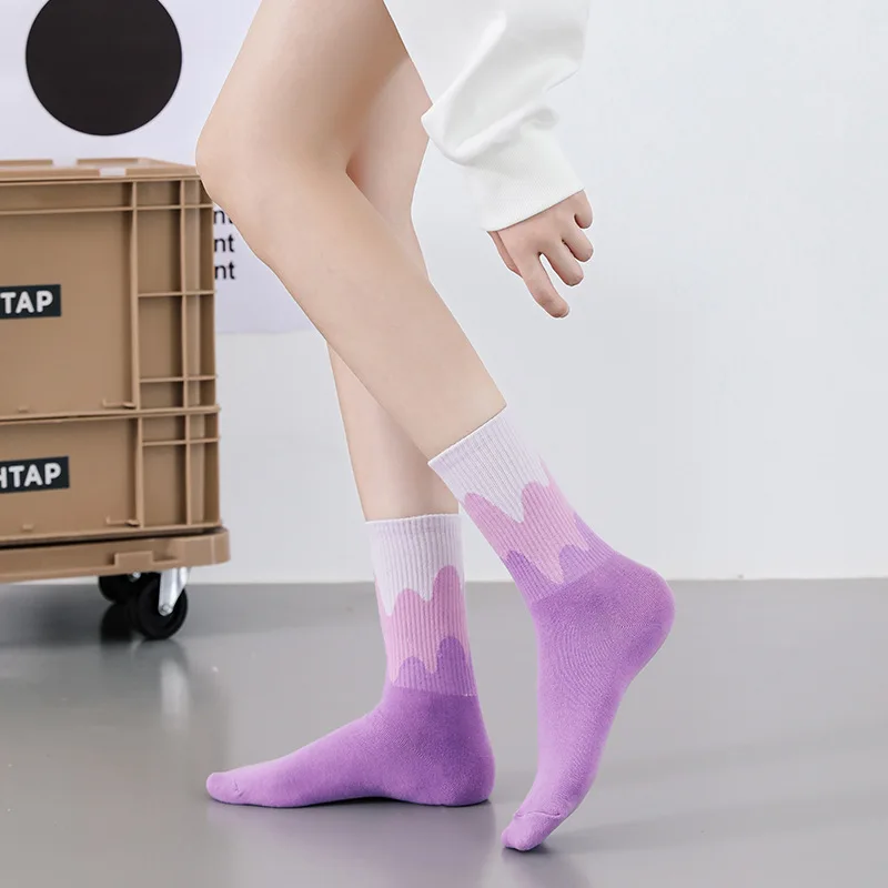 Four-season Gradient Color Mid-calf Socks, Trendy Couple Style Cotton Socks, Ice Cream Color Series Multi-color Socks