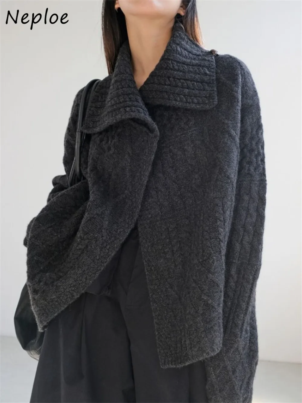 

Neploe Vintage Twist Asymmetric Turn-down Collar Jumper Knit Lazy New Slim Trendy Sweater Personalized Hot Sell Fashion Cardigan