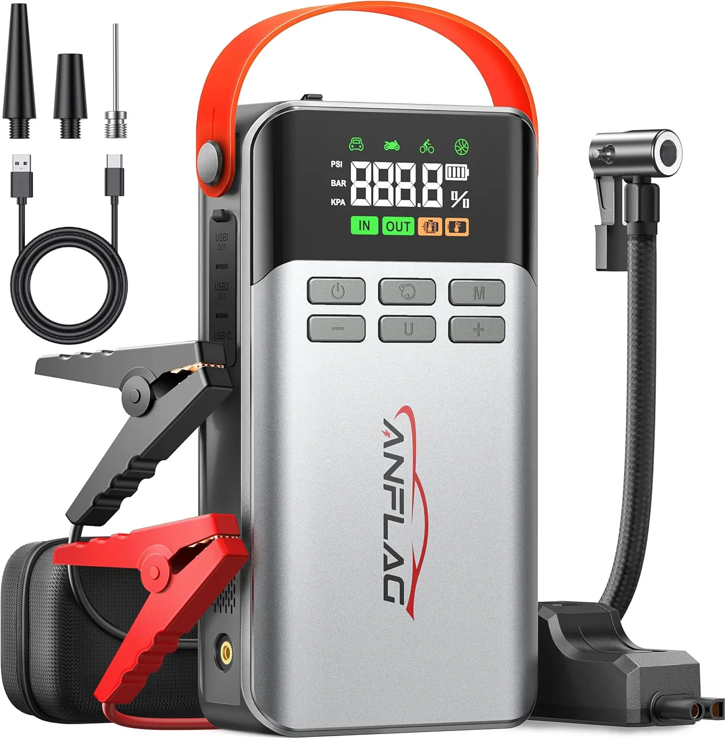 

8-in-1 Car Jump Starter with Air Compressor, 5500A Peak Power, 150PSI Tire Inflator, Portable Power Bank for All Vehicles