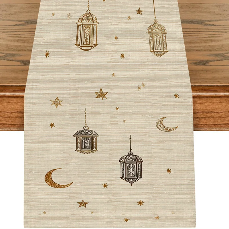 

Islamic Ramadan Table Runner Eid Mubarak Lantern Moon Pattern Table Runner for Home Dining Table Decoration Muslim Party Supply