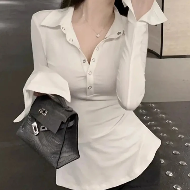 Polo Neck T Shirt for Women Coquette Clothes Sexy Woman Tshirt Trend Plain On Offer New Youth Fashion 2025 Basic Polyester In