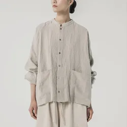 Retro 100% Linen Oversized Women Shirt Long Sleeve Turn Down Collar Stylish Women'S Blouse Camisa Feminina