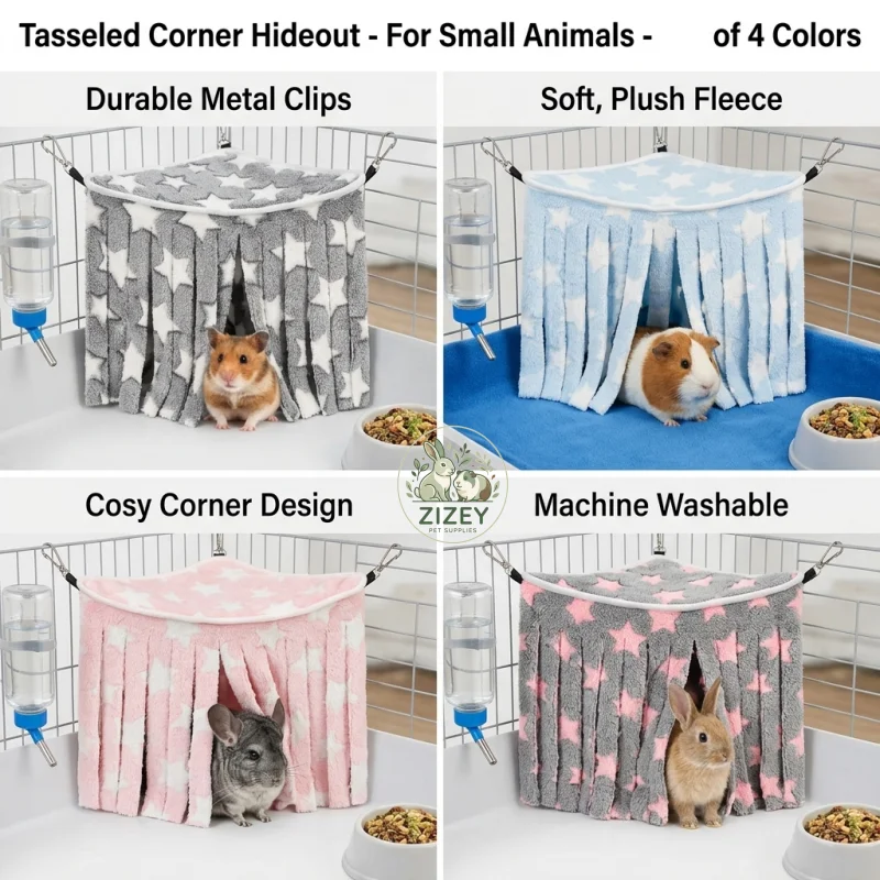 Meerschweinchen-Eck-Fleece-Versteck mit Hängevorhang und Quasten, Hängematte, Haustierbett für Kaninchen, Chinchilla, Frettchen, Ratte, Käfigdekoration – Detail 5