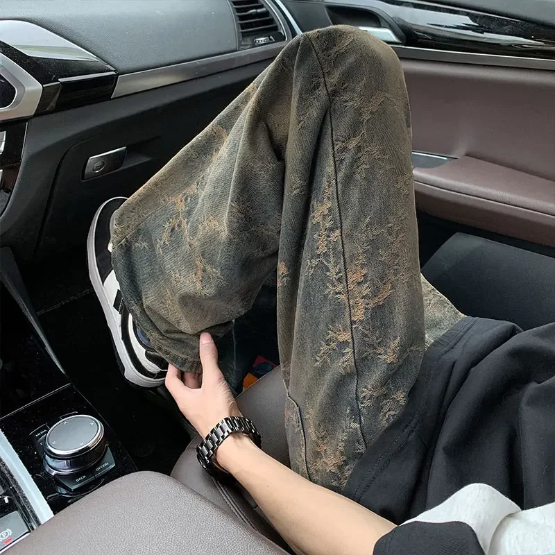 

Foufurieux Retro Blue Jacquard Jeans for Men Summer Thin Washed American High Street Vibe Straight Tube Casual Pants for Men