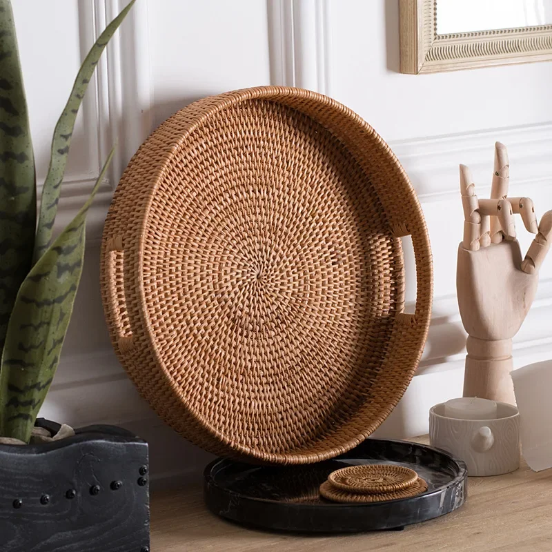 

Nordic Weaving Basket Fruit Bread Storage Baskets Round with Handle Breakfast for Coffee Table Decorative Afternoon Tea Tray