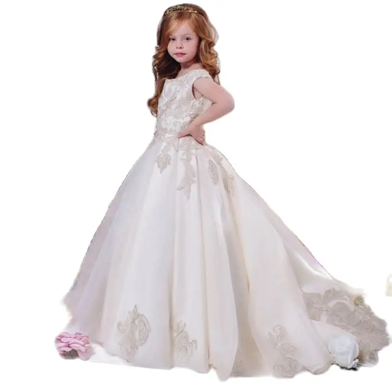 2-14 Years Lovely Floral Lace Flower Girl Dresses Girls Pageant Ball Gowns Long Train Beautiful Little Kids Formal Party Wear