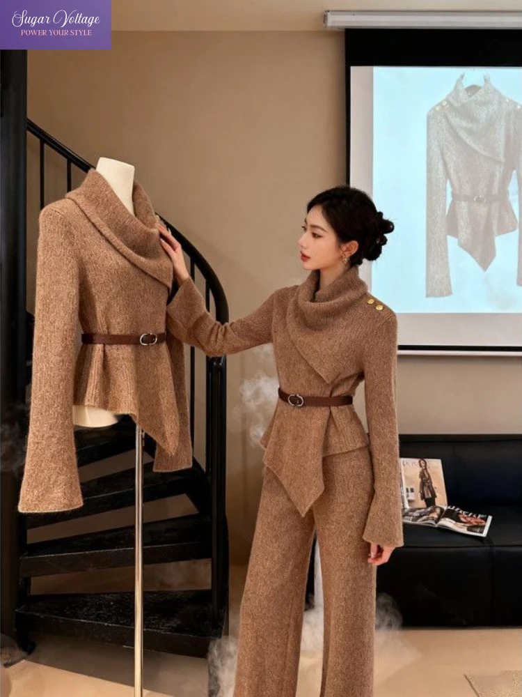French Elegant High Neck Knit Top Women Autumn Winter Slim Fit Belted Sweater Set Brown Flared Sleeve Chic Casual Office Style