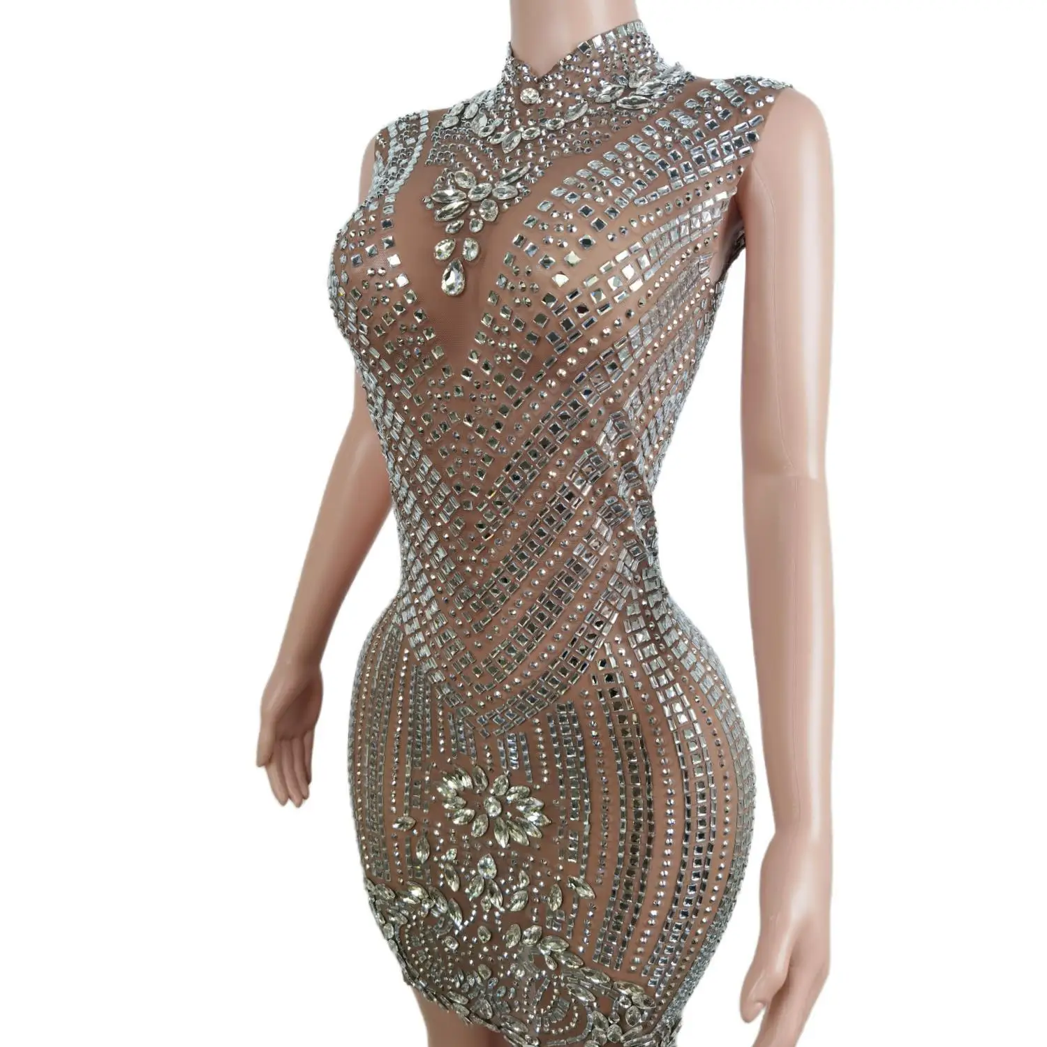 Sexy Stage Rhinestones Evening Birthday Celebrate Dress Woman Prom Gown Costumes Transparent Outfit Mesh See Through Costume