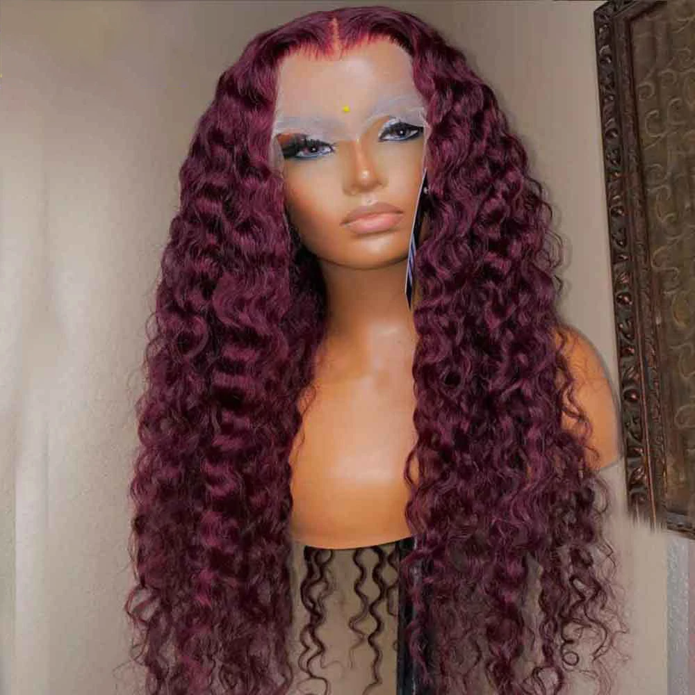 Soft 26Inch Long Burgundy 99j Kinky Curly 180Density Synthetic Lace Front Wig For Black Women Babyhair Heat Resistant Preplucked