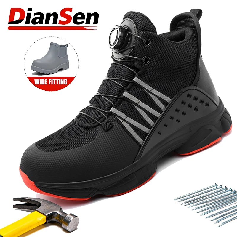 

High Top Safety Shoes Steel Toe Boots Non Slip Rubber Sole Breathable Design Anti-puncture Indestructible Shoes Rotary Button
