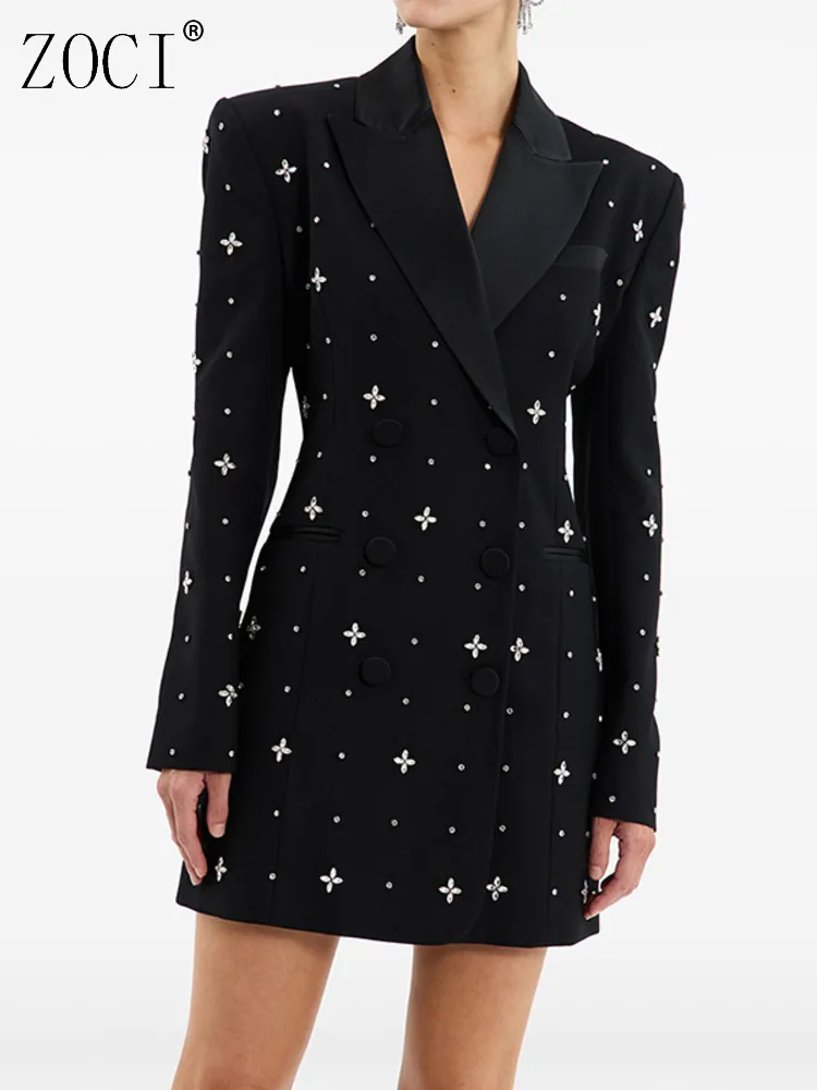 

ZOCI Fashion Women's Blazer Short Dress Beading Patchwork Female Suit Jackets Notched Collar Unique Design Coats 2025 Spring New