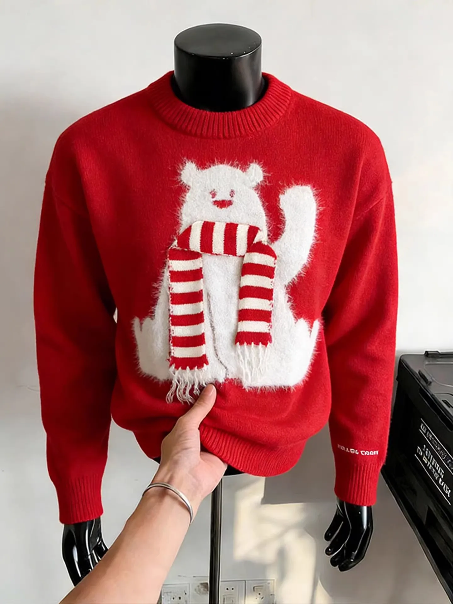 

Красный шарф с белым медведем Cisas Aosphere, мужской зимний вязаный свитер Lazy Sle Fair Isle для пары, мягкий хлопковый длинный свек