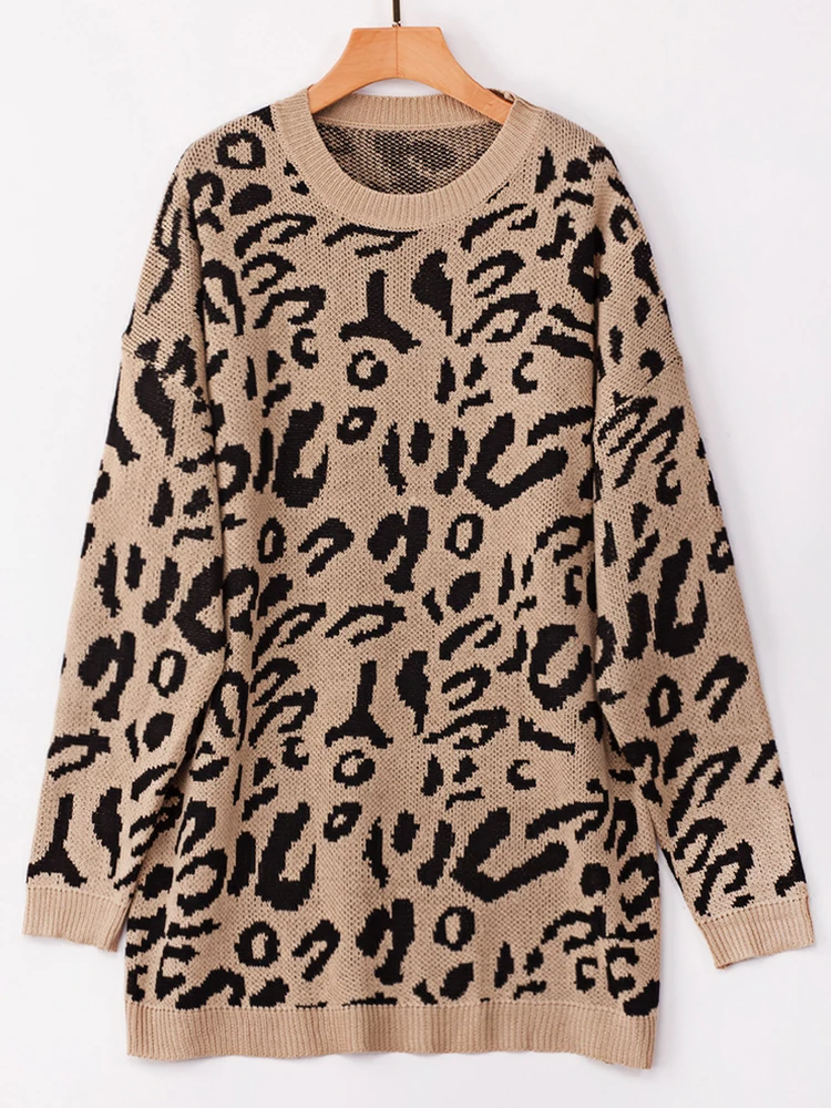 Leopard Print Sweater Women Elegant Casual Knitted Pullover Winter Fashion Long Sleeve Knitwear Female Vintage Oneck Long Jumper