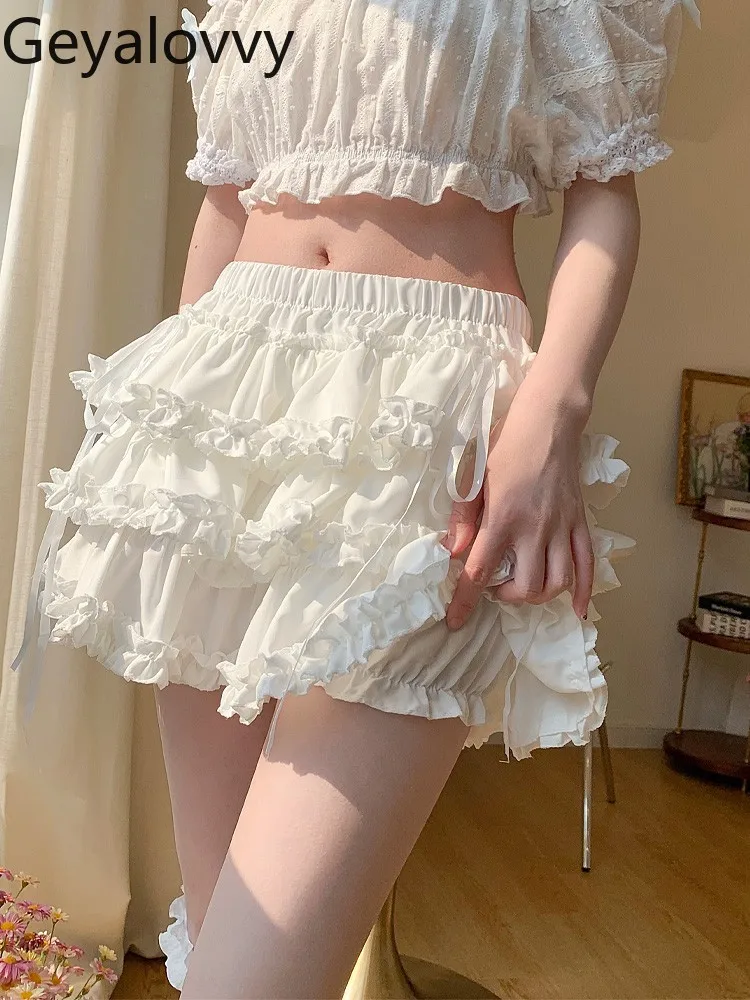 

Cream White Fungus Edge Short Skirt Women's Summer Elastic High Waist Sweet Cute Girls Versatile Fluffy Cake Mini Skirts