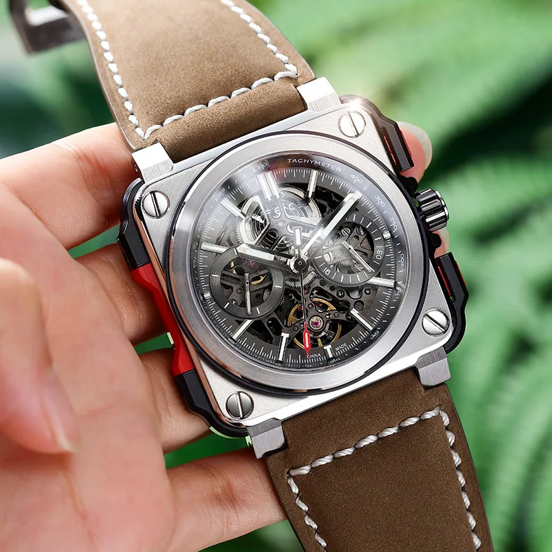 FEICE FM507 ساعة هيكل عظمي أوتوماتيكية للرجال ميكانيكا ساعة يد رجالي مربعة رياضية مضيئة ساعات 10ATM مقاومة للماء