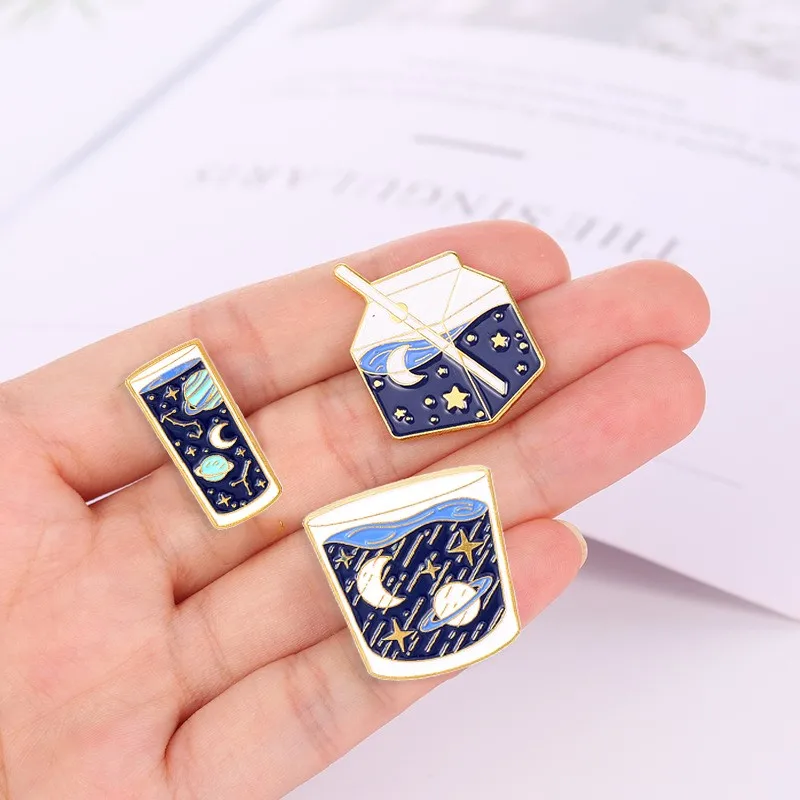 Cartoon Romantic Starry Sky Moon Brooch Cute Milk Box Water Cup Lapel Pin for Astrophile Kids Backpack Enamel Badge Jewelry Gift