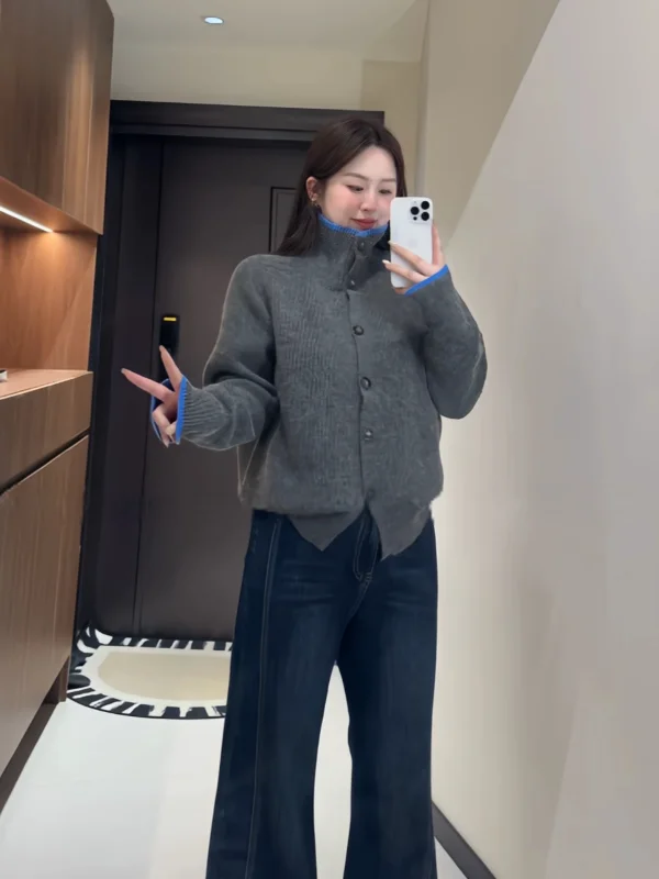 

Женский вязаный кардиган большого размера с высоким воротником, свободный крой, удлиненные рукава, стандартная длина, на пуговицах