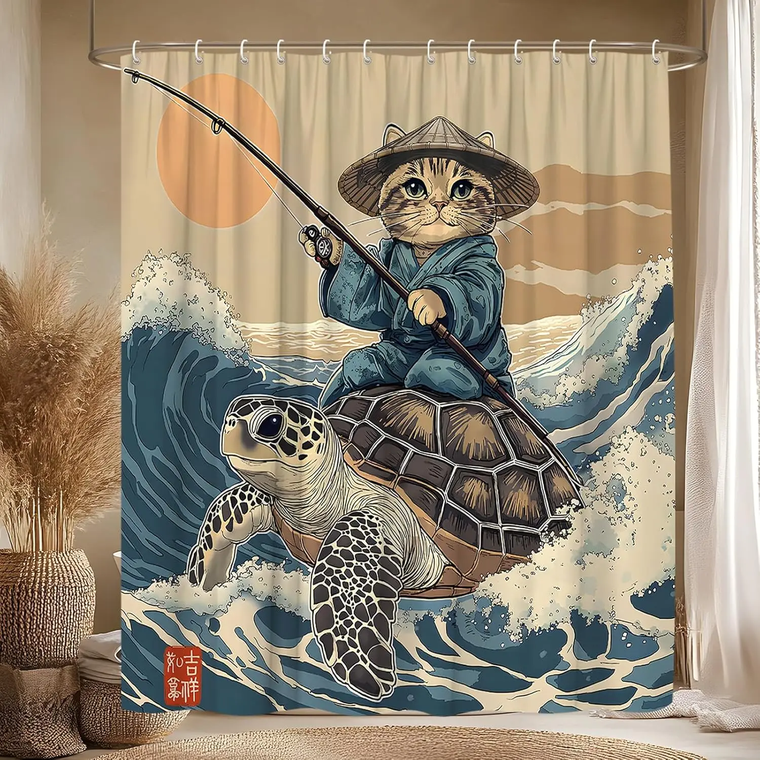

Забавная японская занавеска для душа с котом, милая кошка для верховой езды, морская черепаха, винтажная солнцезащитная синяя океанская морская волна, азиатская абстрактная морская ванная комната