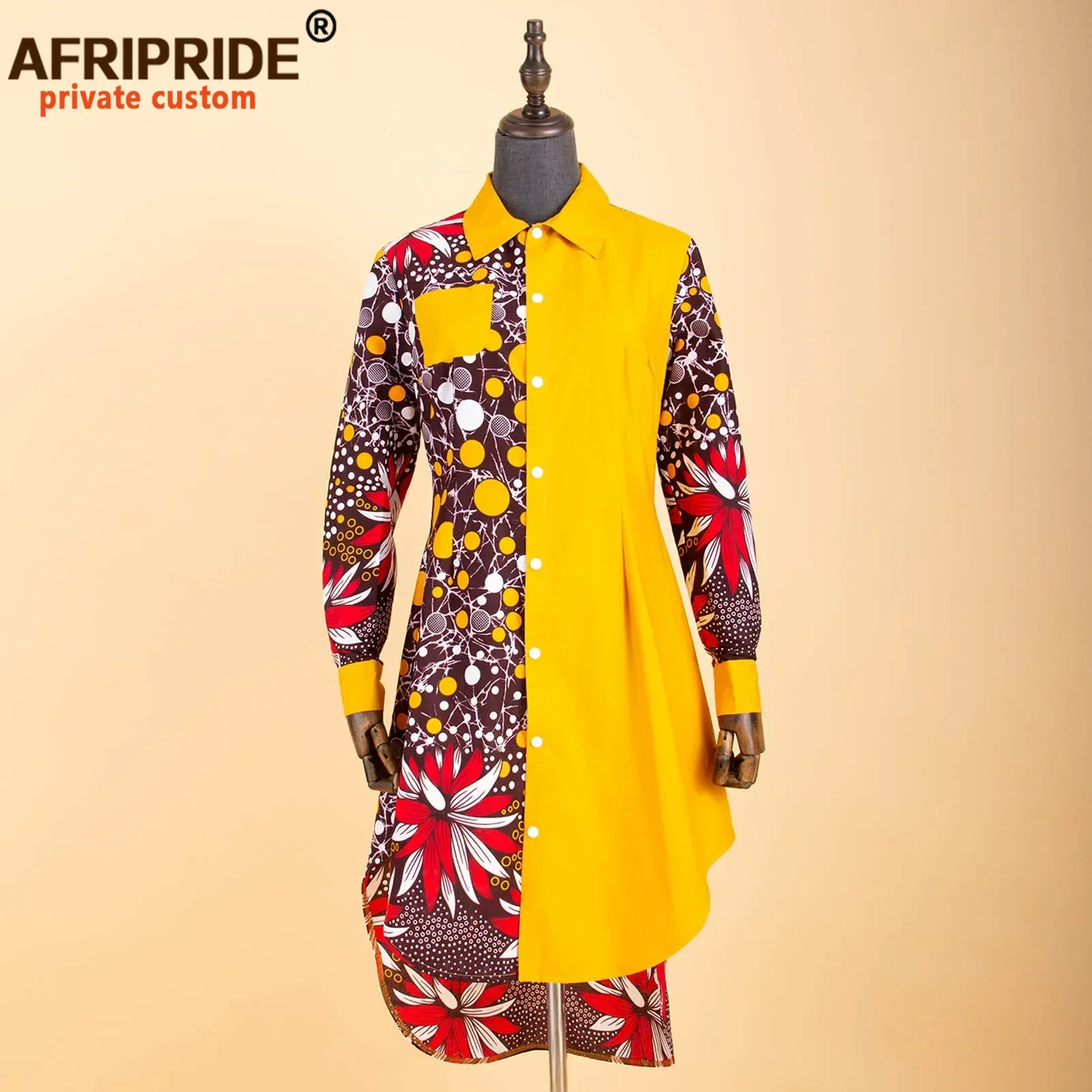 African Dresses for Women AFRIPRIDE Tailor Made Full Sleeve Single Breasted Mid-calf Length Women Casual Dress A1825094
