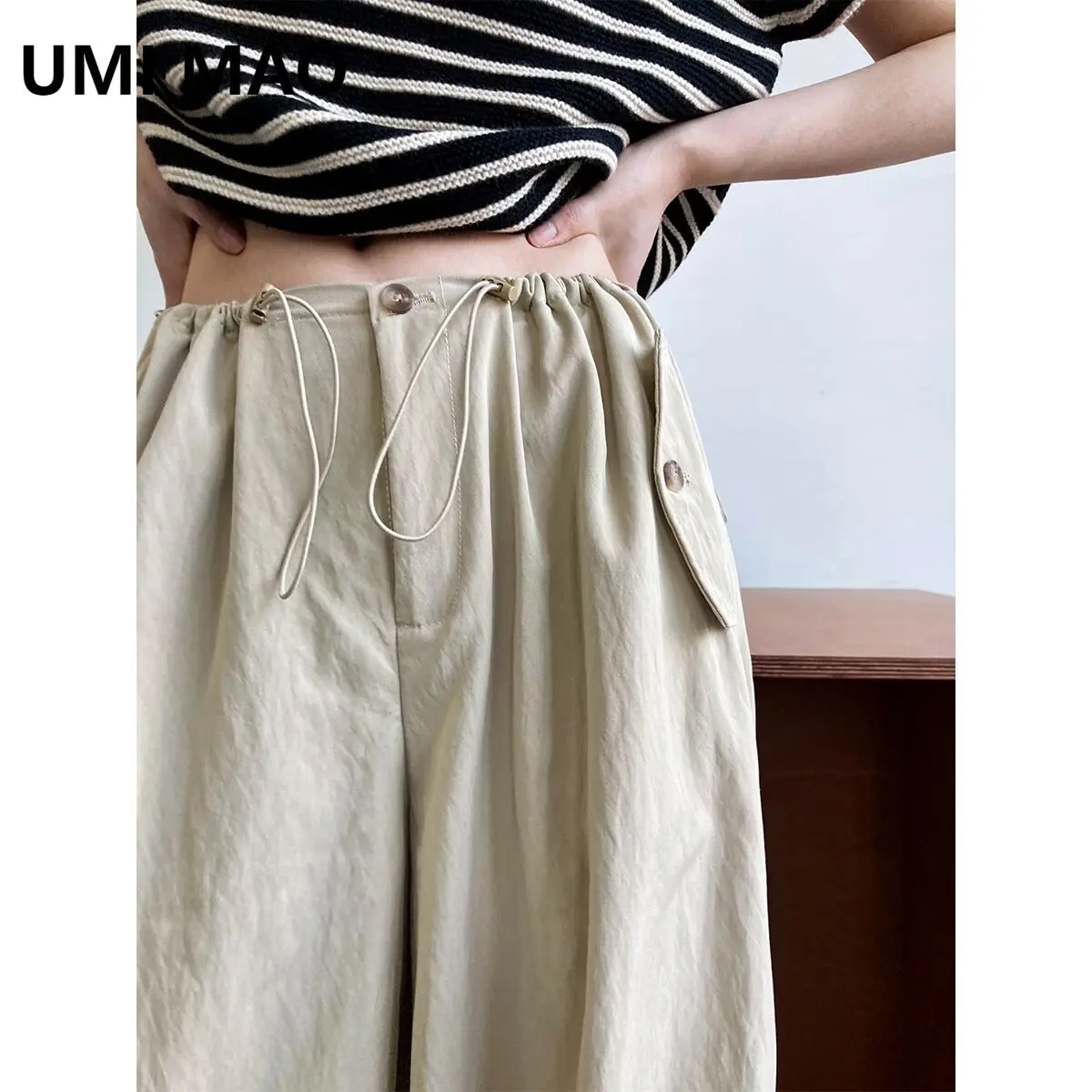 

UMI MAO High Waist Casual Pants With Drawstring Japanese Lazy Elastic Loose Silhouette Slimming Workwear Wide Leg Pants Women