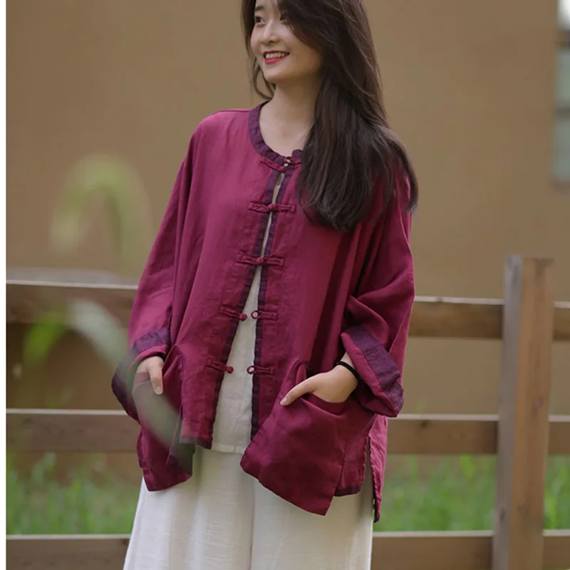 하이 엔드 리넨 대비 짧은 코트 여성 봄 여름 중국어 오픈 패치 워크 빈티지 대형 개구리 단추 긴 소매 탑