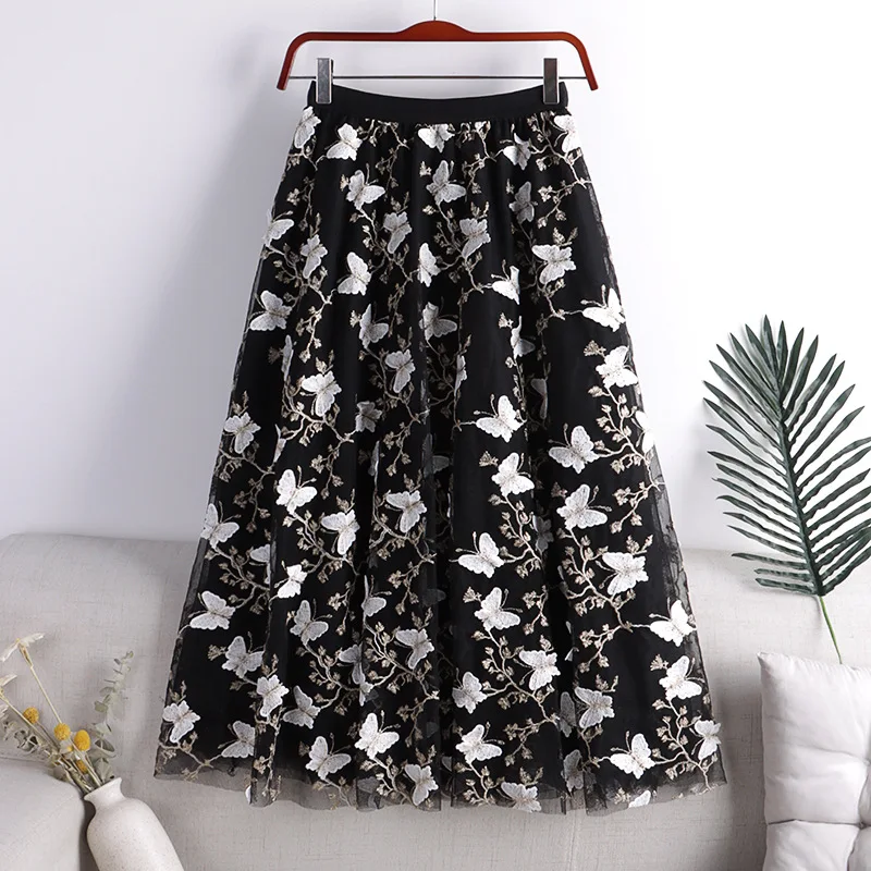 

Autumn 3D Butterflies Gauze Long Skirt Embroidered Floral Layered Tulle Long Skirts