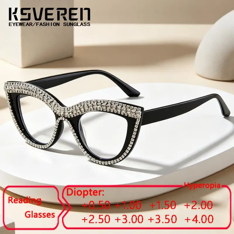 Women Diamond Studded Cat Eye Anti Blue Light Reading Glasses Exquisite Trendy Prescription Optical Eyewear Replaceable Lenses