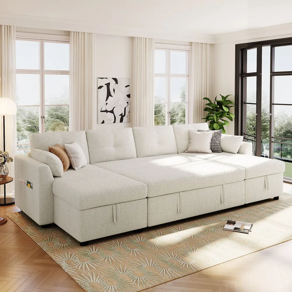 

Modern Sectional Sofa U-shaped Sleeper Sofa 107" Sofa Bed with Ample Storage Space and USB ports for Living Room, Beige