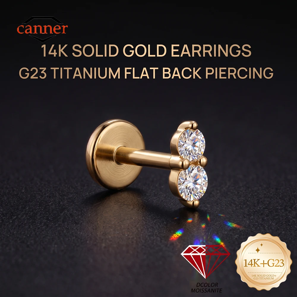 CANNER 1PC 14K Solid Gold Double Round Moissanite Stud Earrings Flat Back Piercing Jewelry Dainty Cartilage Helix Tragus Earring