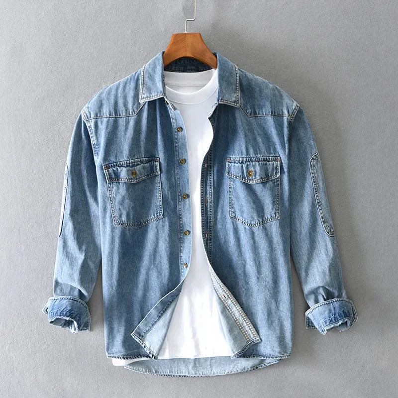 

Spring Autumn Long Sleeve Denim Shirt Men Streetwear Double Pockets Japan Vintage Blue Jean Shirts 4XL Casual Loose Shirts Male