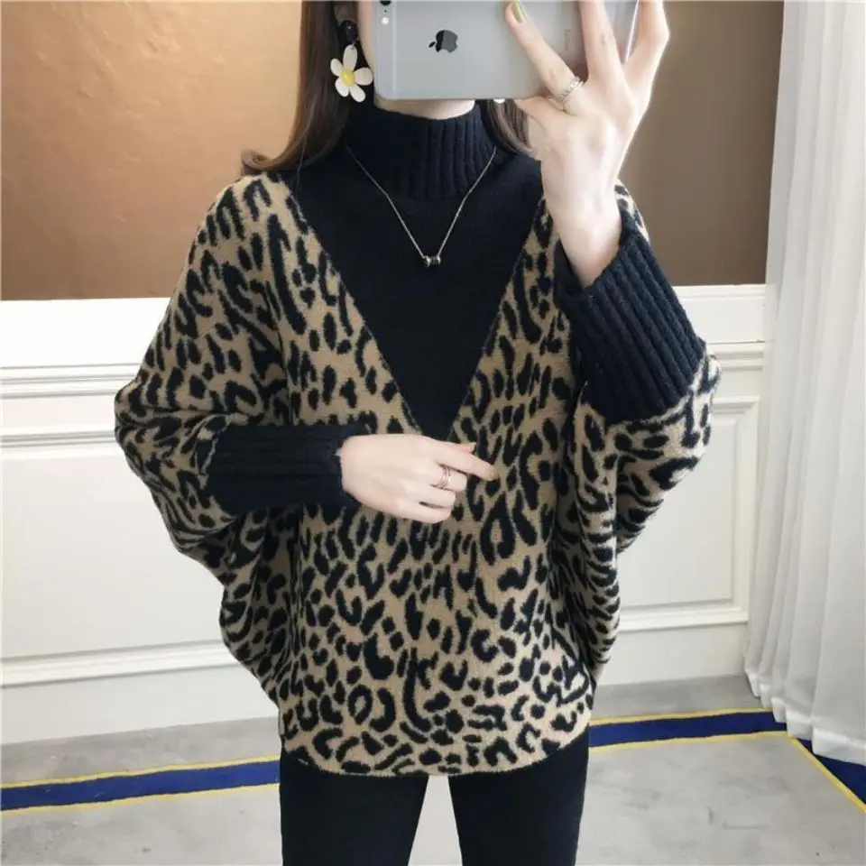 Suéter de lana para mujer, Jersey suelto de cuello alto, camisa de murciélago de punto, patrón de leopardo, Tops de moda occidental, otoño e invierno, nuevo