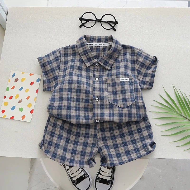 New Summer Baby Clothes Suit Children Boys Plaid Shirt Shorts 2Pcs/Sets Infant Clothing Toddler Casual Costume Kids Tracksuits