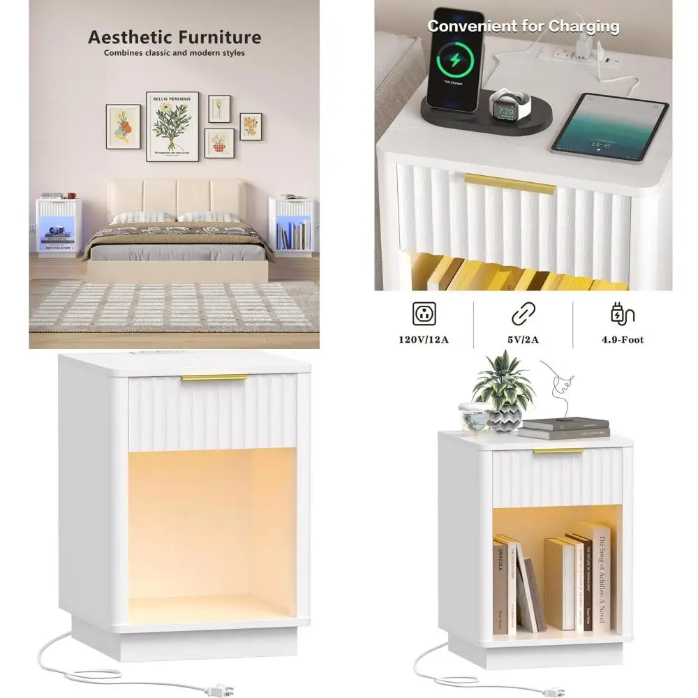 

Modern White Nightstand with Charging Dock and LED Light, 15x15.7x22.6, Perfect for Bedroom