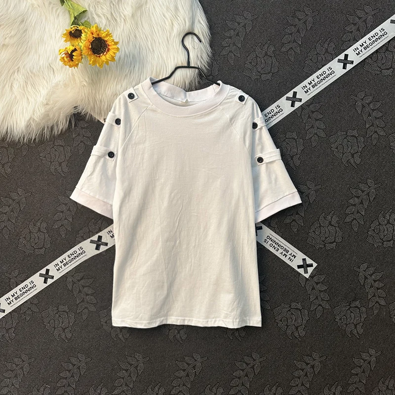 summer Single Breasted short sleeve men o neck t shirts Korean fashion Casual Simple oversized clothing School shopping office