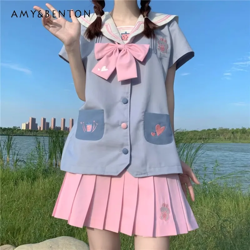

2025 New Japanese Original Summer Design Sailor Collar Bow Blue Pink Color Matching Cartoon Printed Jk Skirt Suit For Women