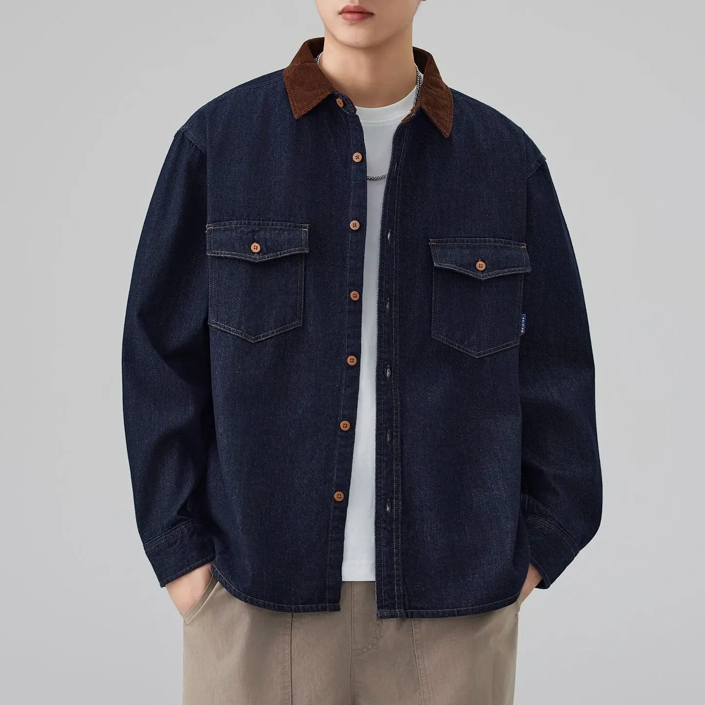 

Тяжелая высококачественная мужская джинсовая куртка-рубашка с длинными рукавами, винтажная толстая повседневная рубашка в японском стиле