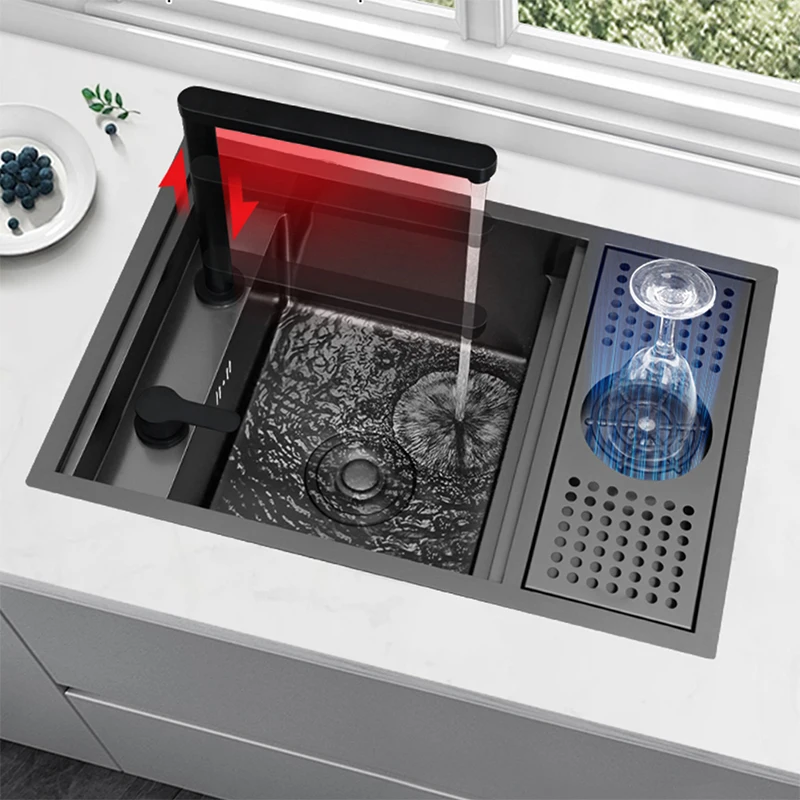 

Nano Hidden Bar Kitchen Sink Black Folding Faucet Cup Washer Mini Single Bowl Basin Stainless Steel Soap Dispenser Accessories