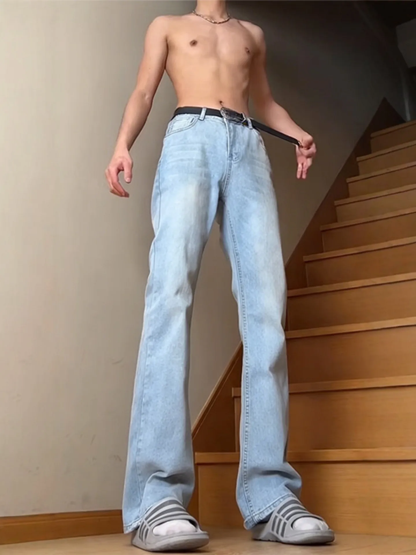 

Washed Light Blue Men's High Street Slim Fit Straight Leg Jeans Bell Bottoms Knife Trousers Youth Wear Casual Denim